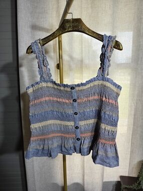 Current Air Blue Striped Smocked Crop Top